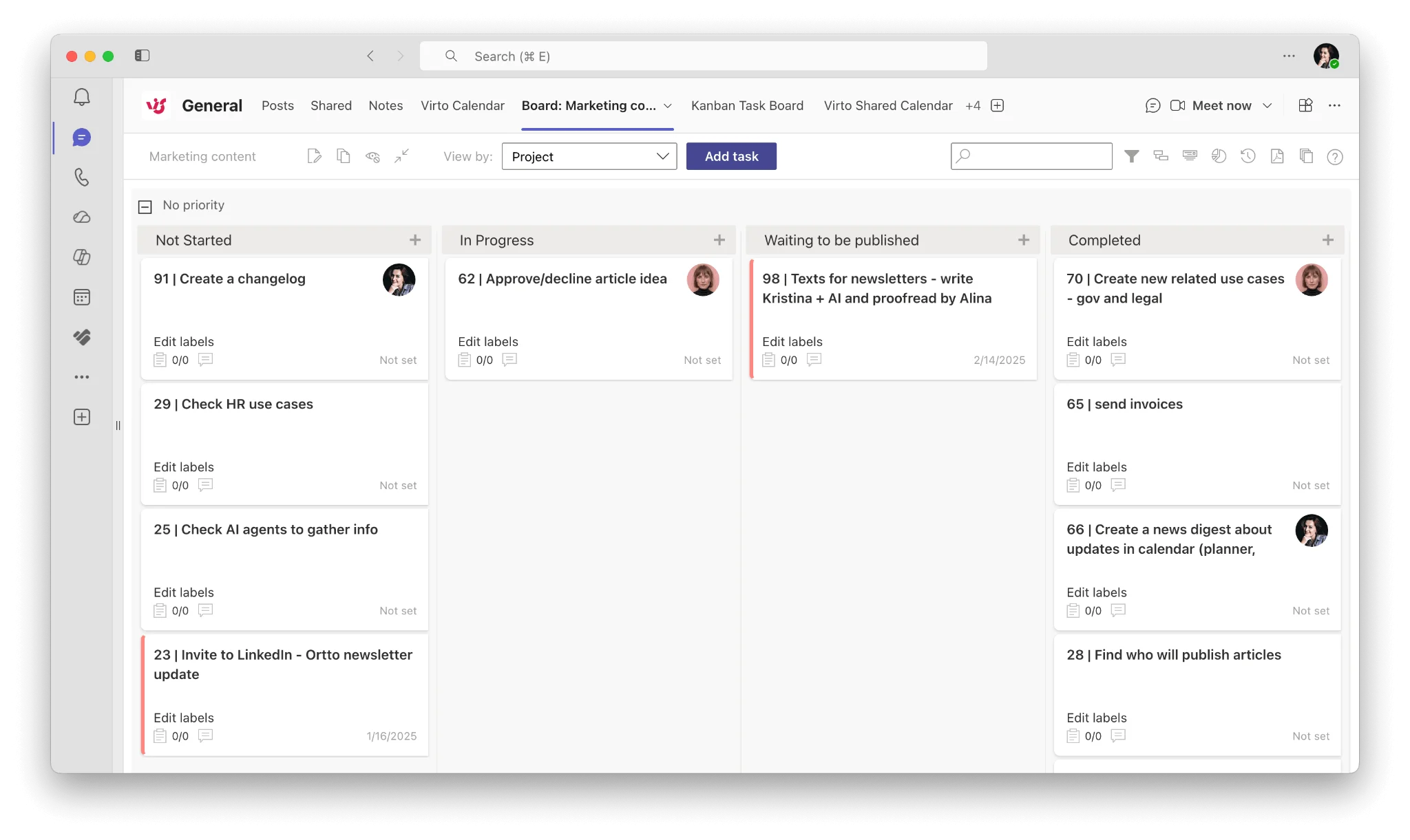 Virto Kanban Board running inside Teams channel tab