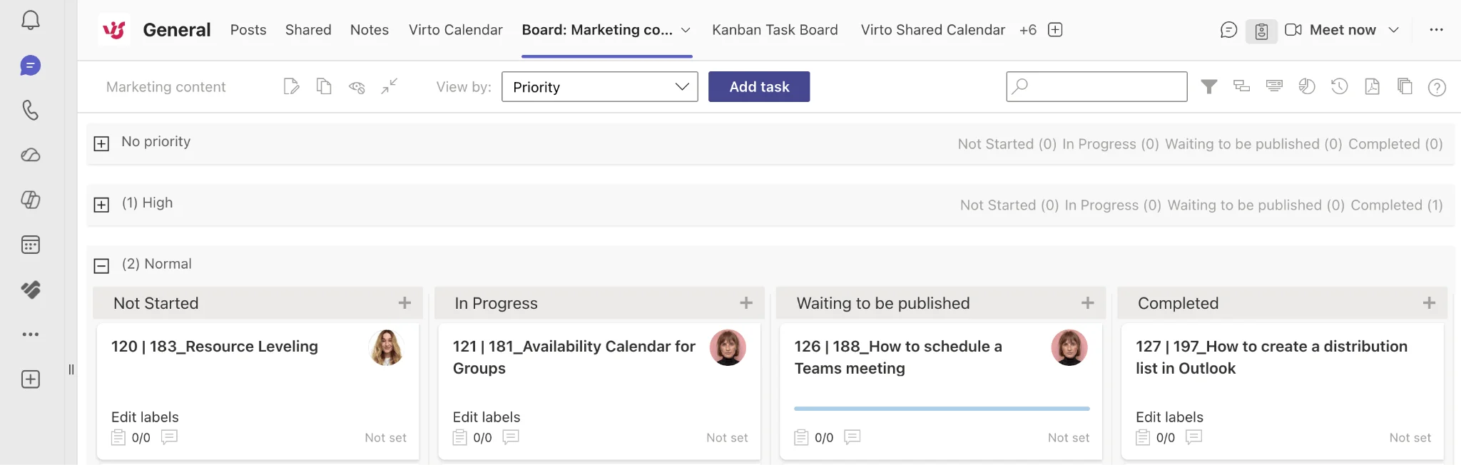 Virto Kanban Board swimlanes organized by priority