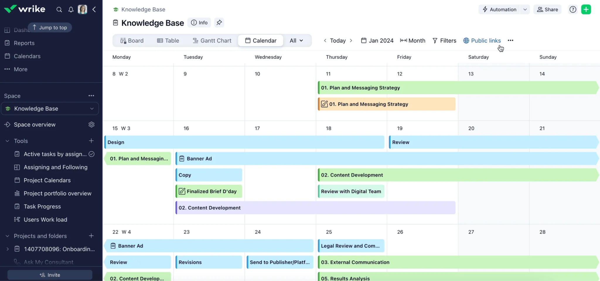 Wrike Calendar view showing tasks and milestones across a project timeline