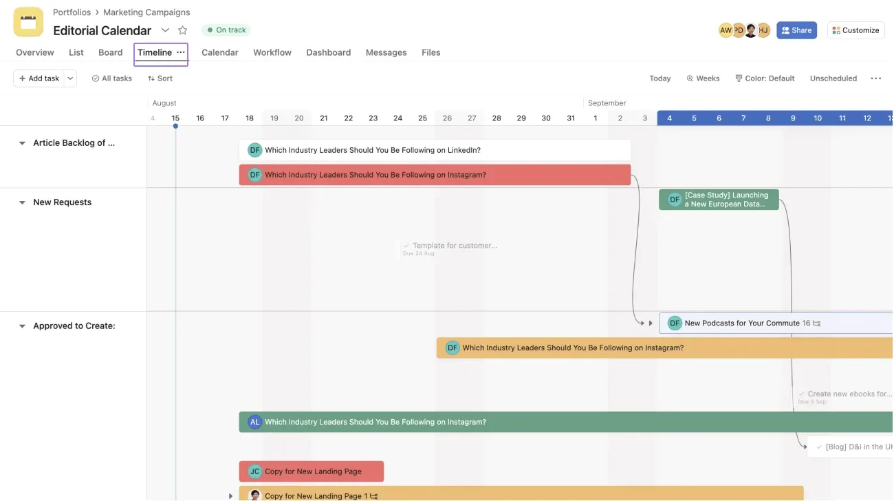 Asana native Timeline view in browser