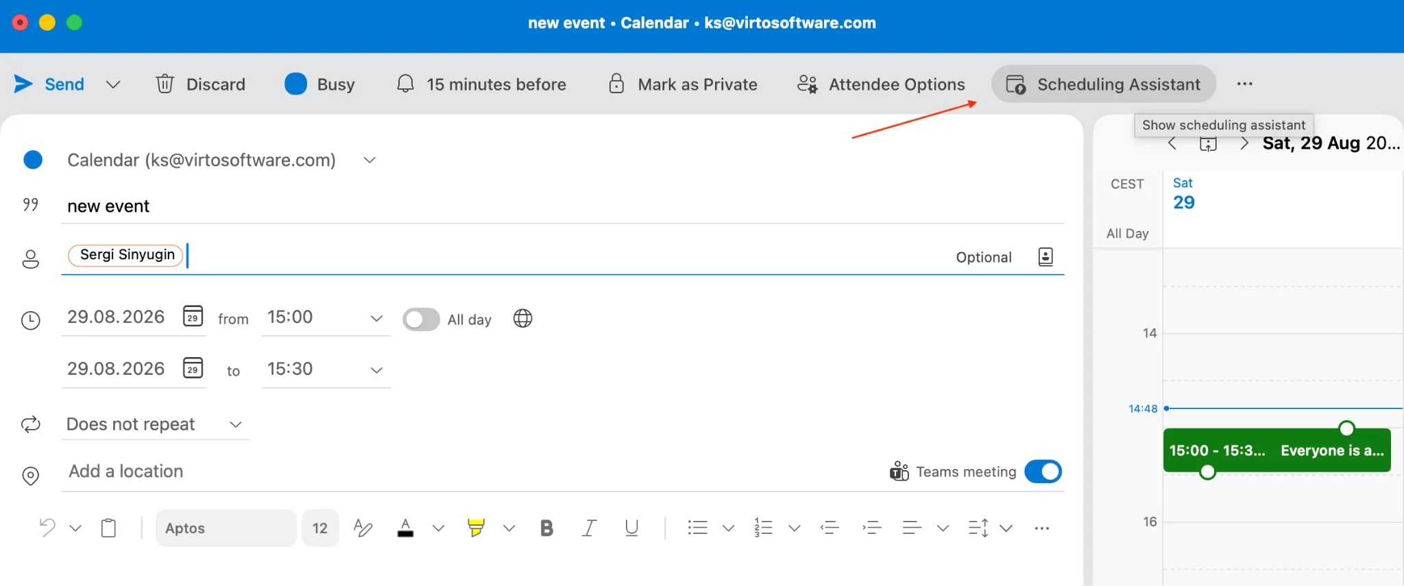 Scheduling Assistant button in Outlook for Mac new meeting