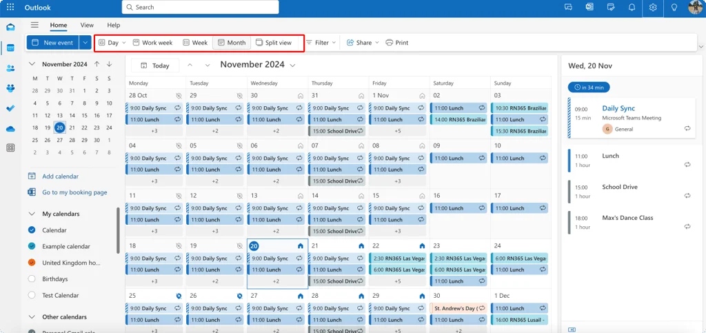 Navigating to different calendar views in OWA