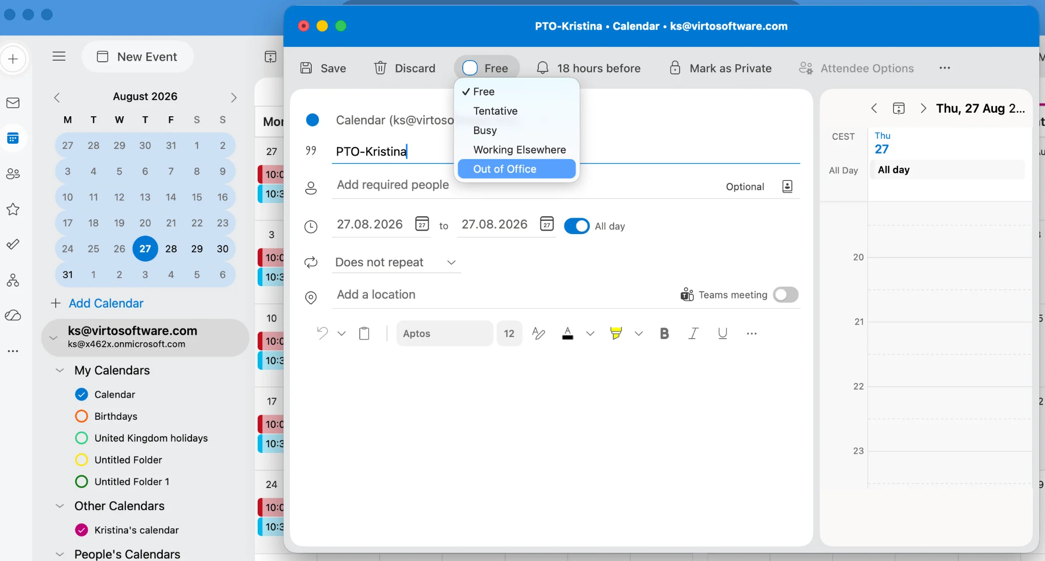 Creating all-day PTO event in new Outlook for Mac