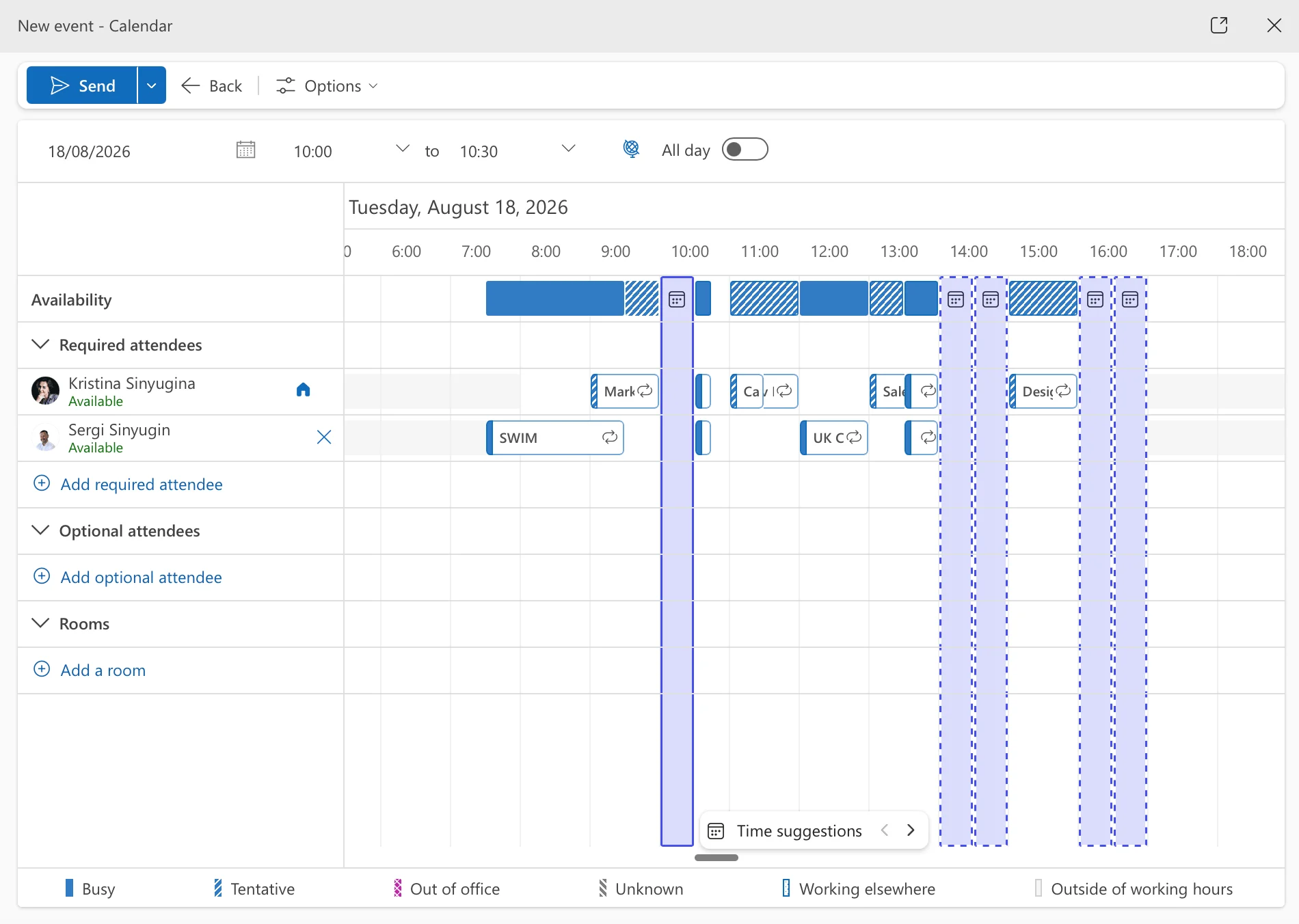Outlook Calendar with the Scheduling Assistant open