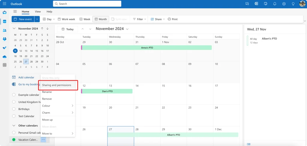 Opening sharing and permissions for a calendar in Outlook on the web