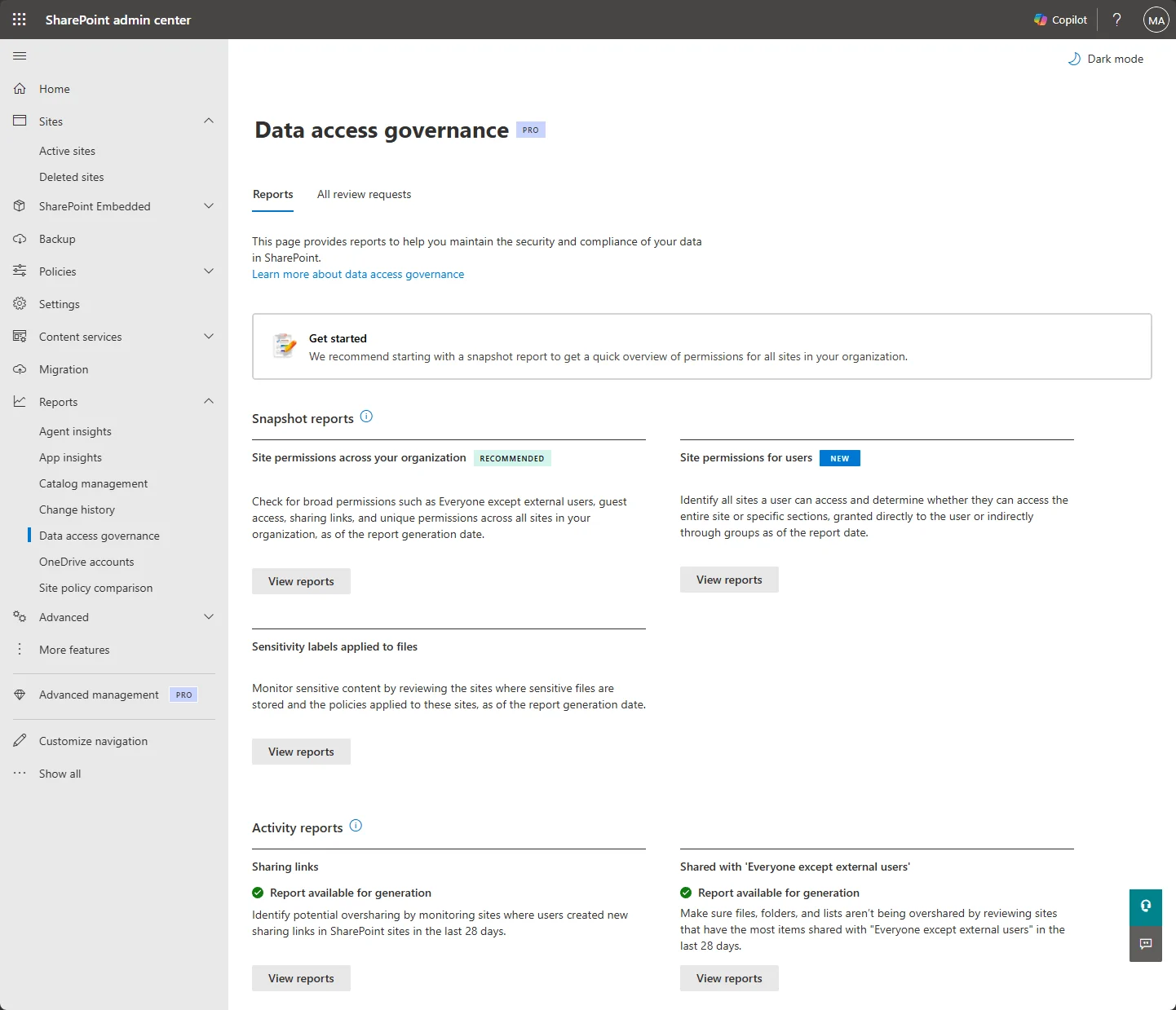 Data access governance report showing external sharing activity