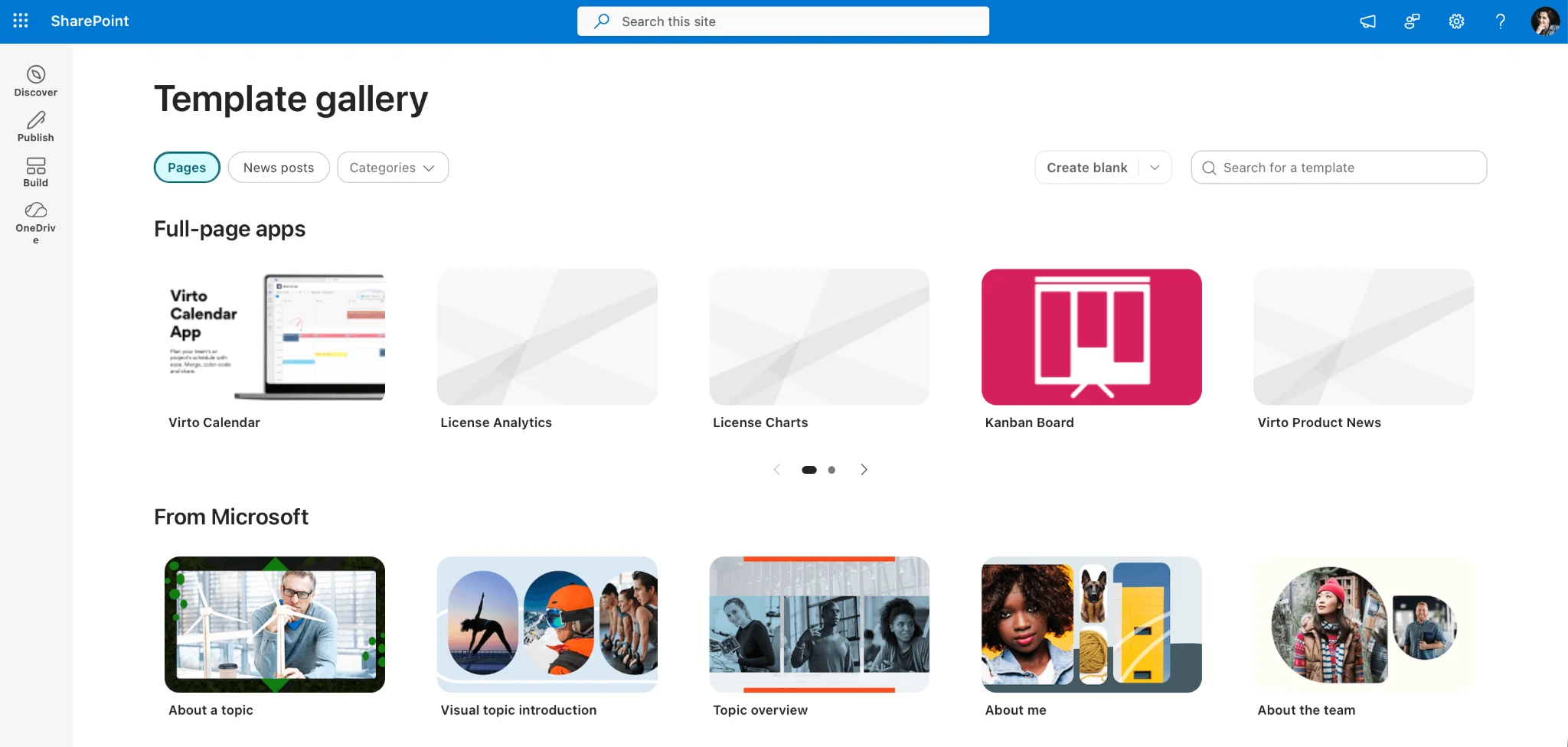 SharePoint page template gallery with custom templates