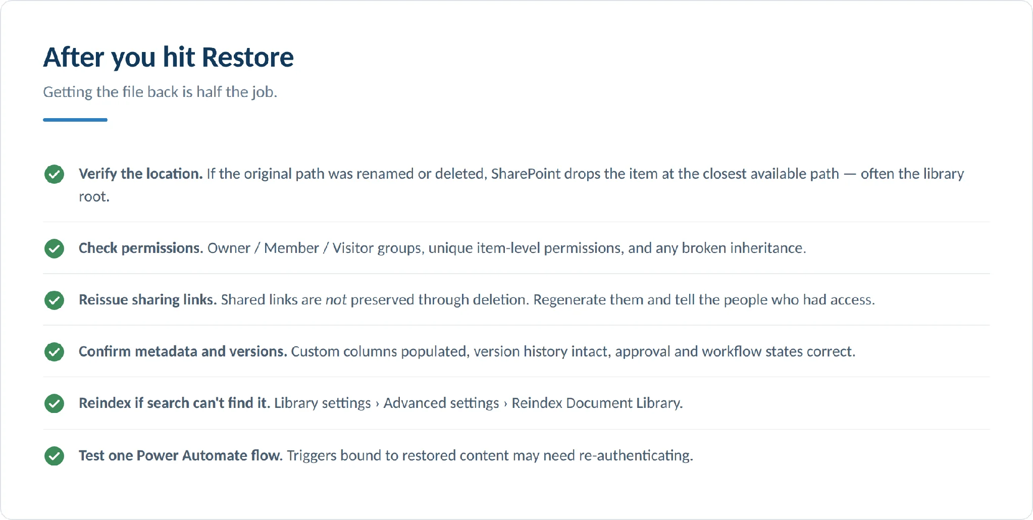 Post-restore checklist for SharePoint