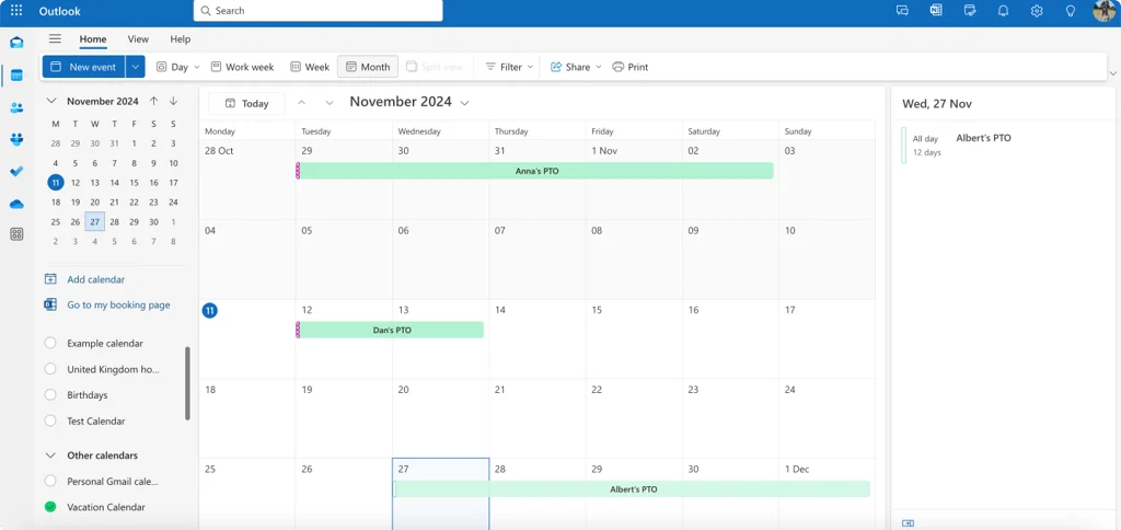 Team vacation calendar listed under My calendars