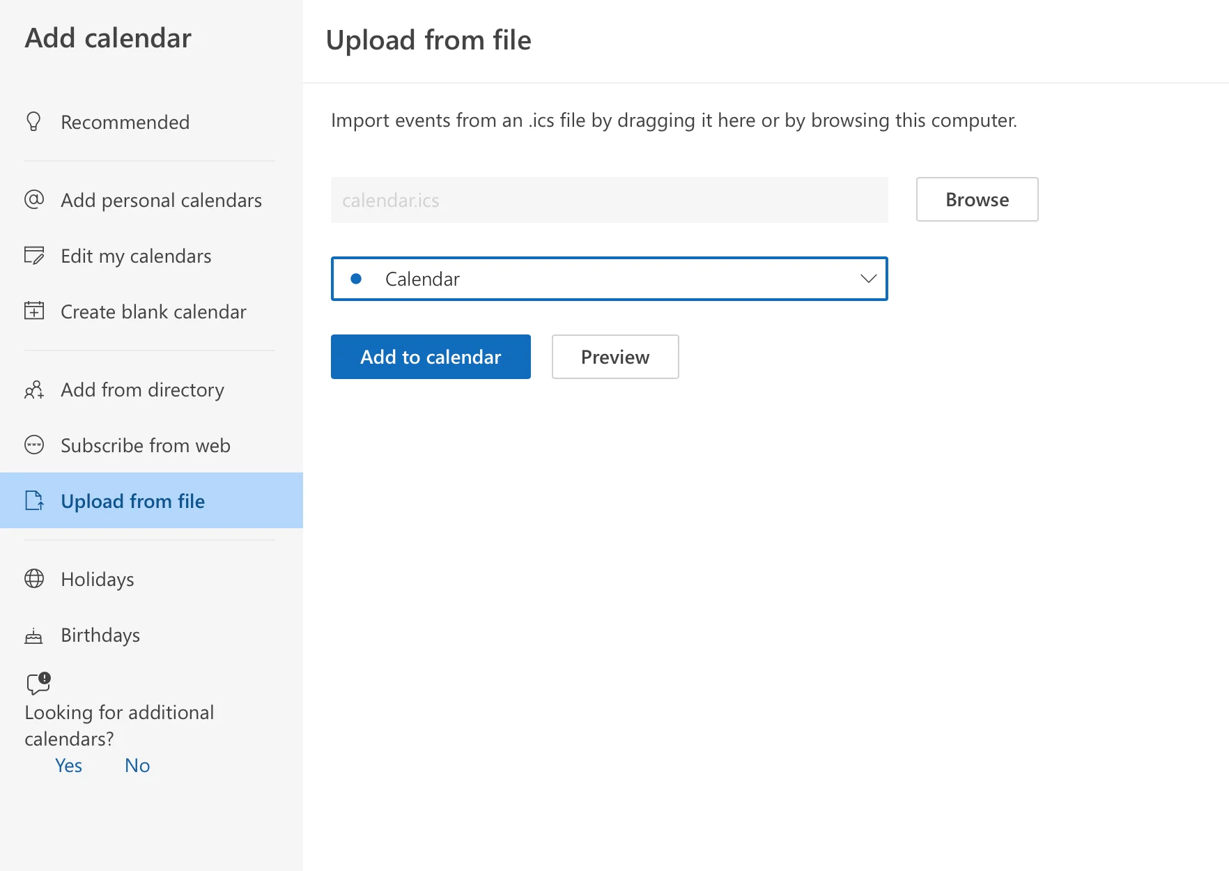 Uploading your calendar from a file in OWA