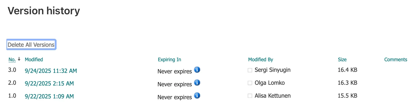 Version history pane showing document versions