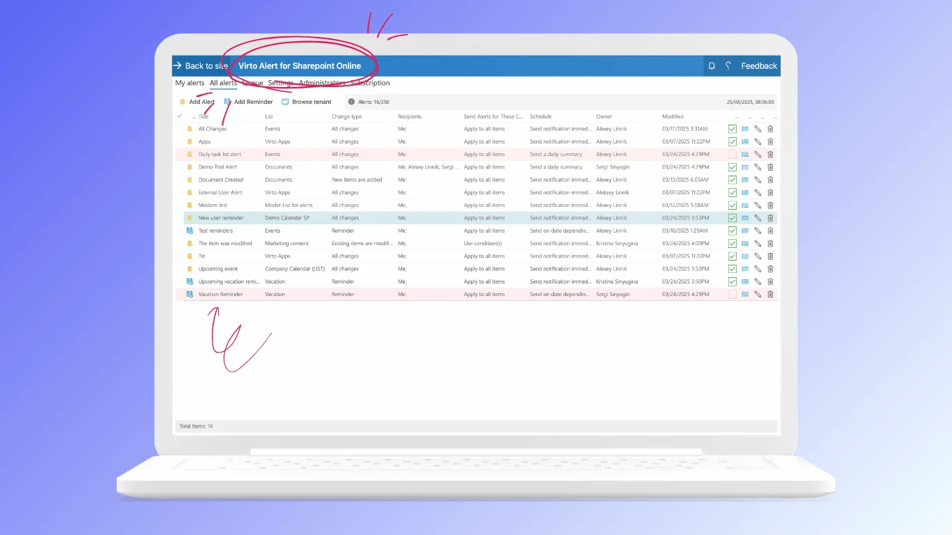 Virto Alerts and Reminders App interface