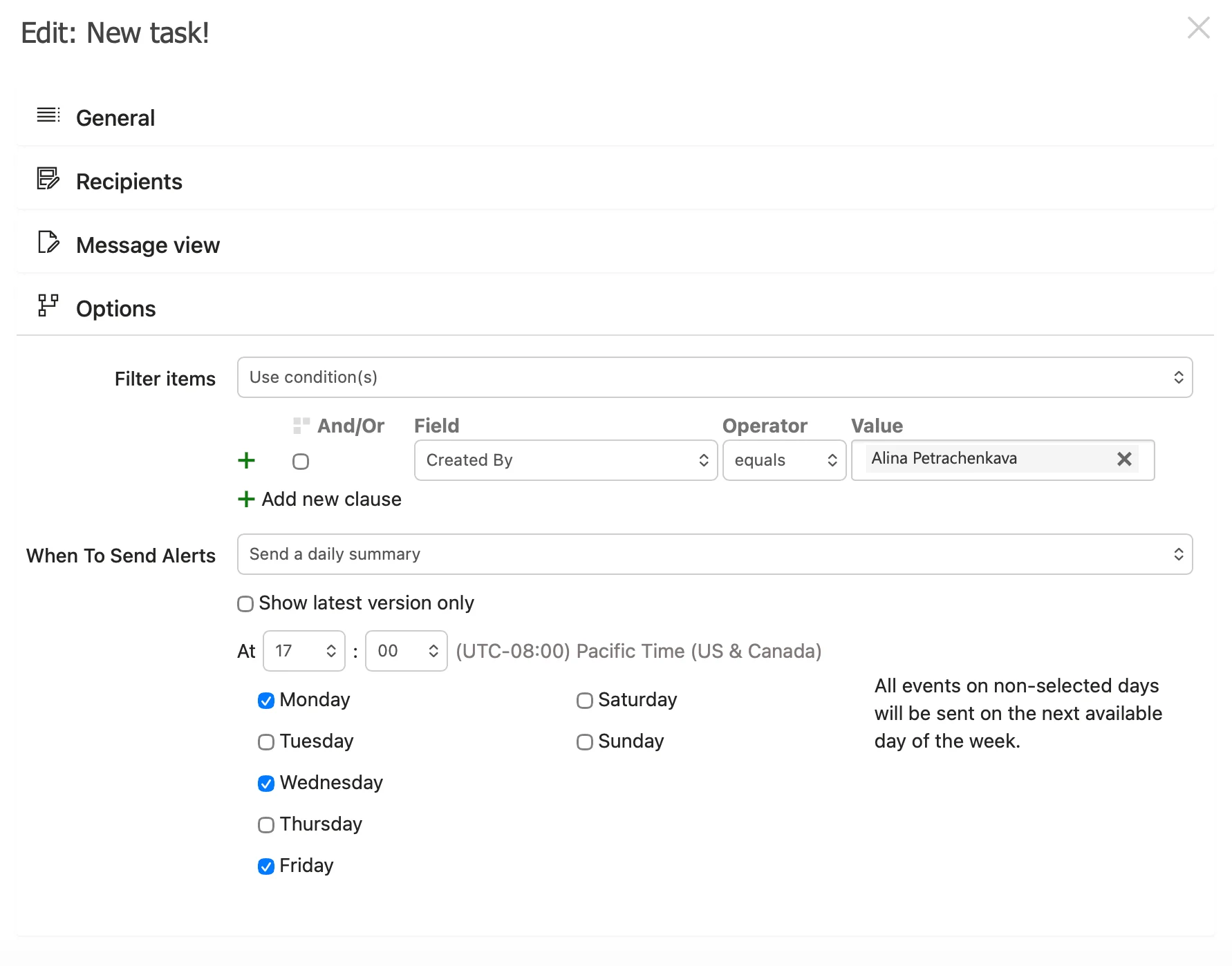 Condition-based alert rule setup in Virto Alerts and Reminders