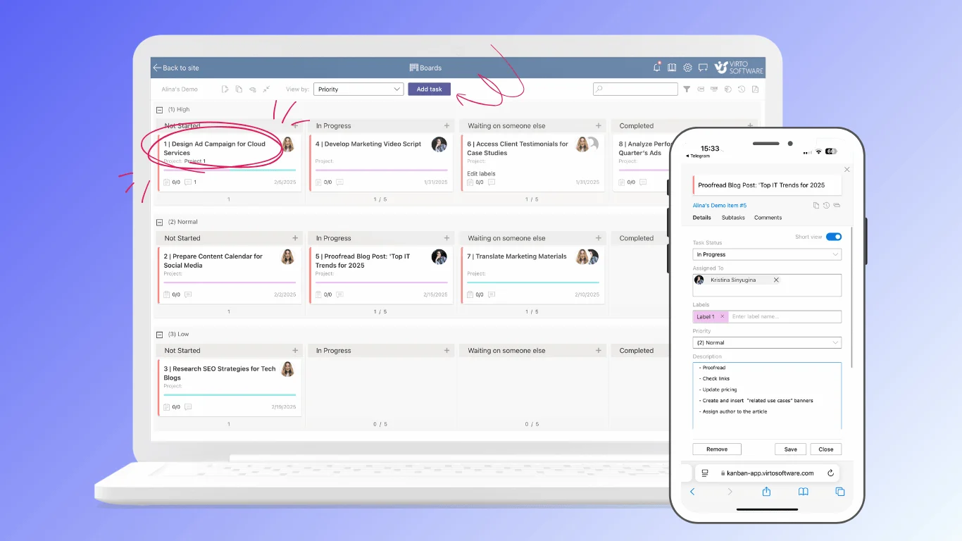Virto Kanban Board App interface