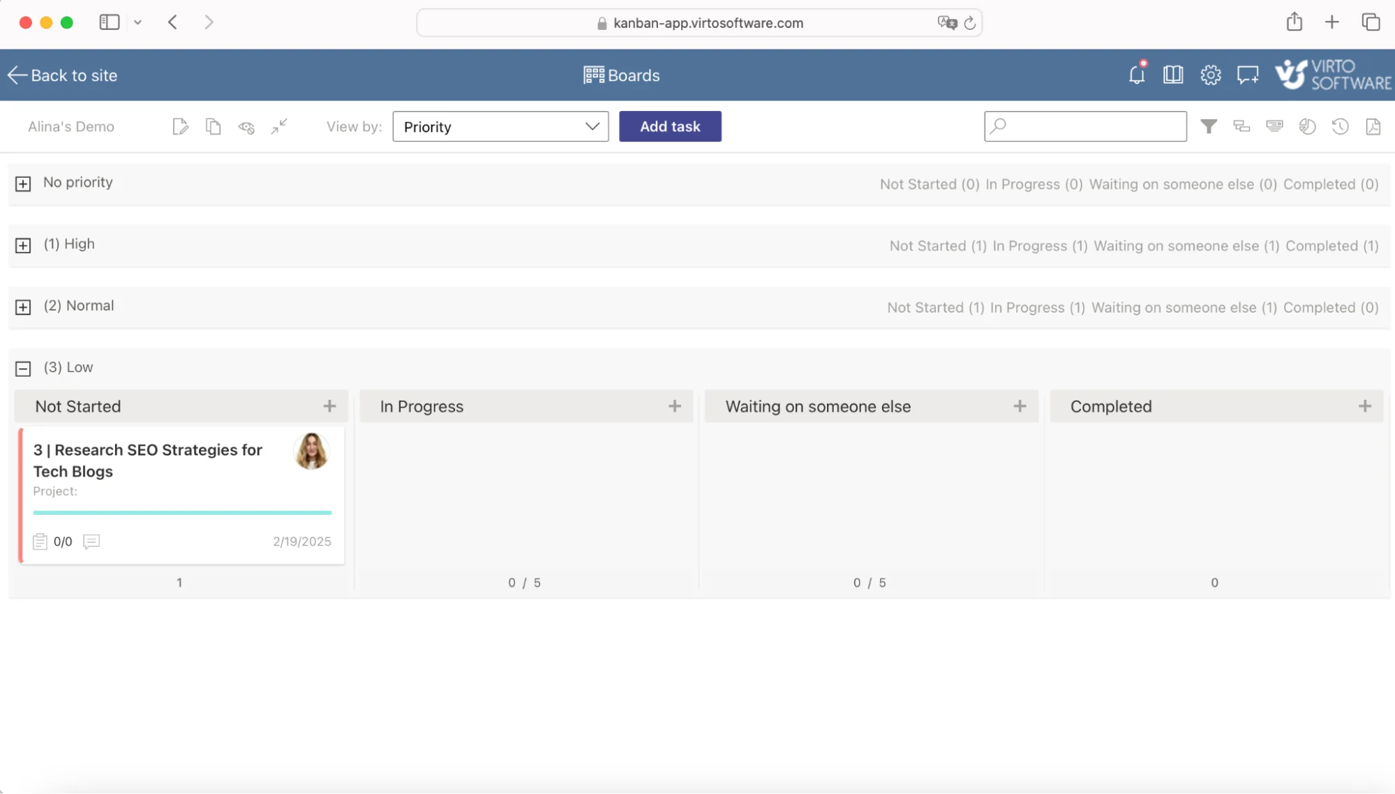 Example swimlanes in the Virto Kanban Board App organizing work by priority