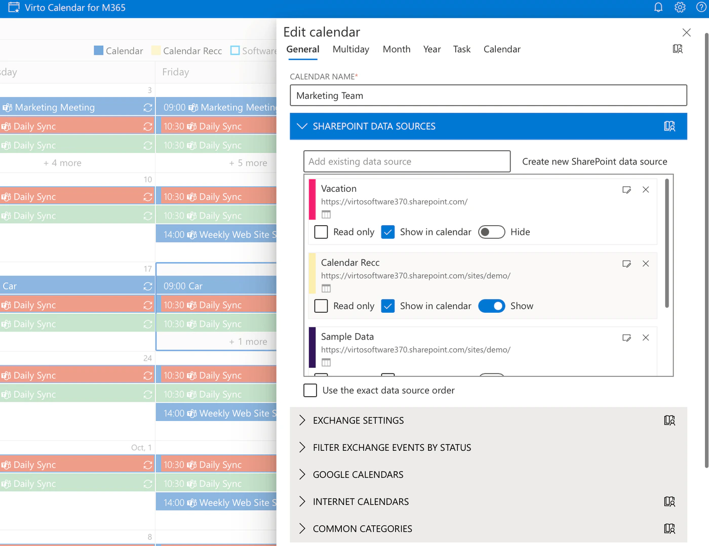 Edit calendar panel in Virto Calendar App with SharePoint data sources listed and sections for Exchange settings, Google calendars and internet calendars