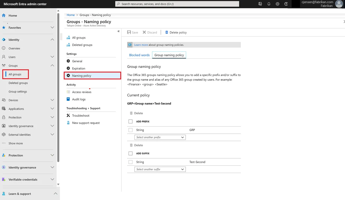 Group naming policy configuration in Microsoft Entra admin center