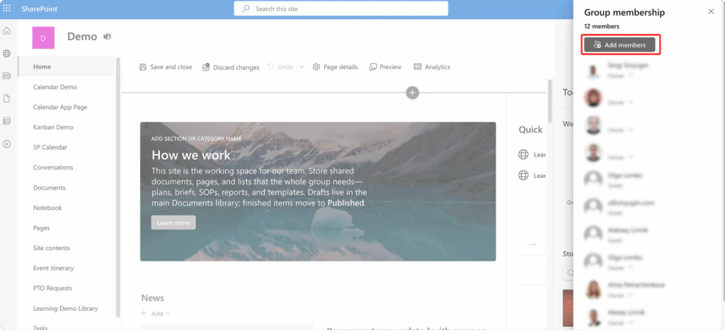 The Group membership panel of a team site with the Add members button highlighted and the list of owners, members and guests