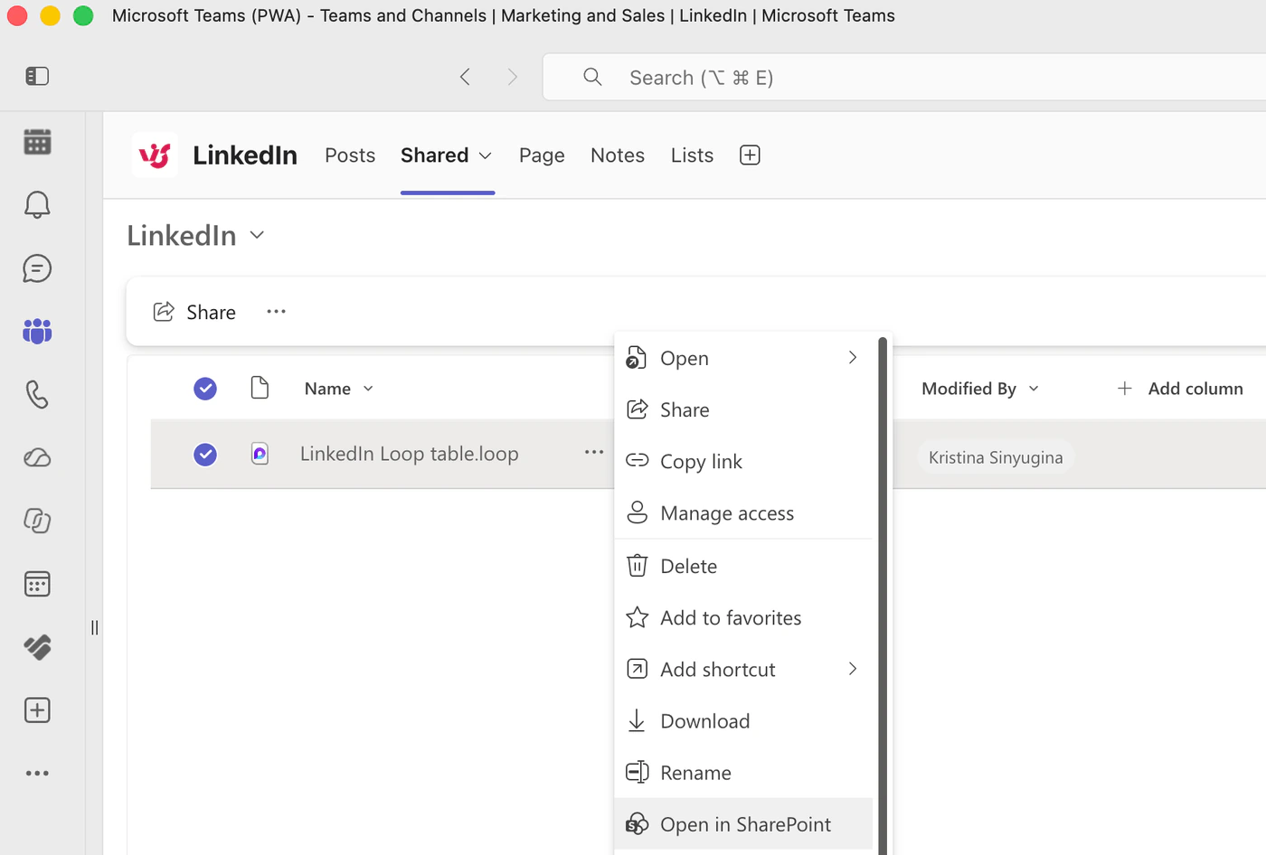 The Shared tab of a Microsoft Teams channel with a file’s menu open and Open in SharePoint highlighted