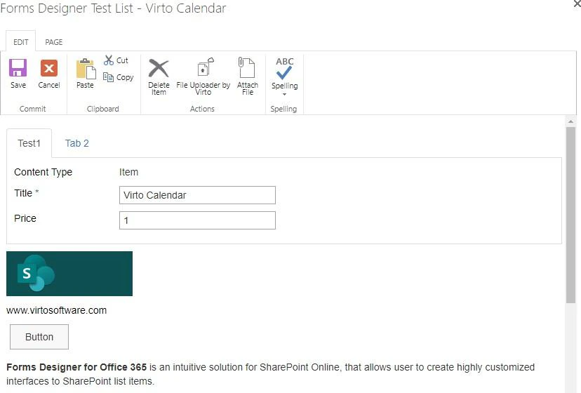 A list item form designed in Virto Forms Designer with two tabs, the Title and Price fields, an image, a link, a button and a block of formatted text