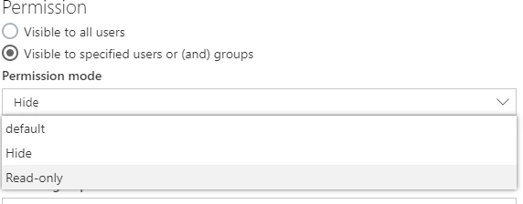 Permission settings of a form element: Visible to all users or Visible to specified users or groups, with the permission mode drop-down showing default, Hide and Read-only