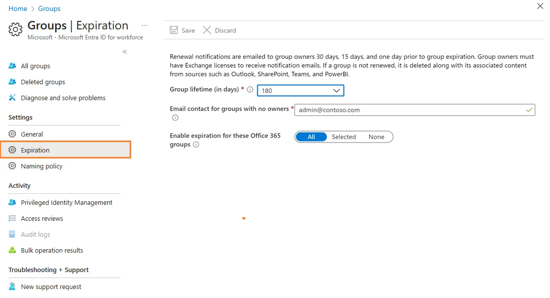 Microsoft 365 Groups expiration settings in Microsoft Entra admin center