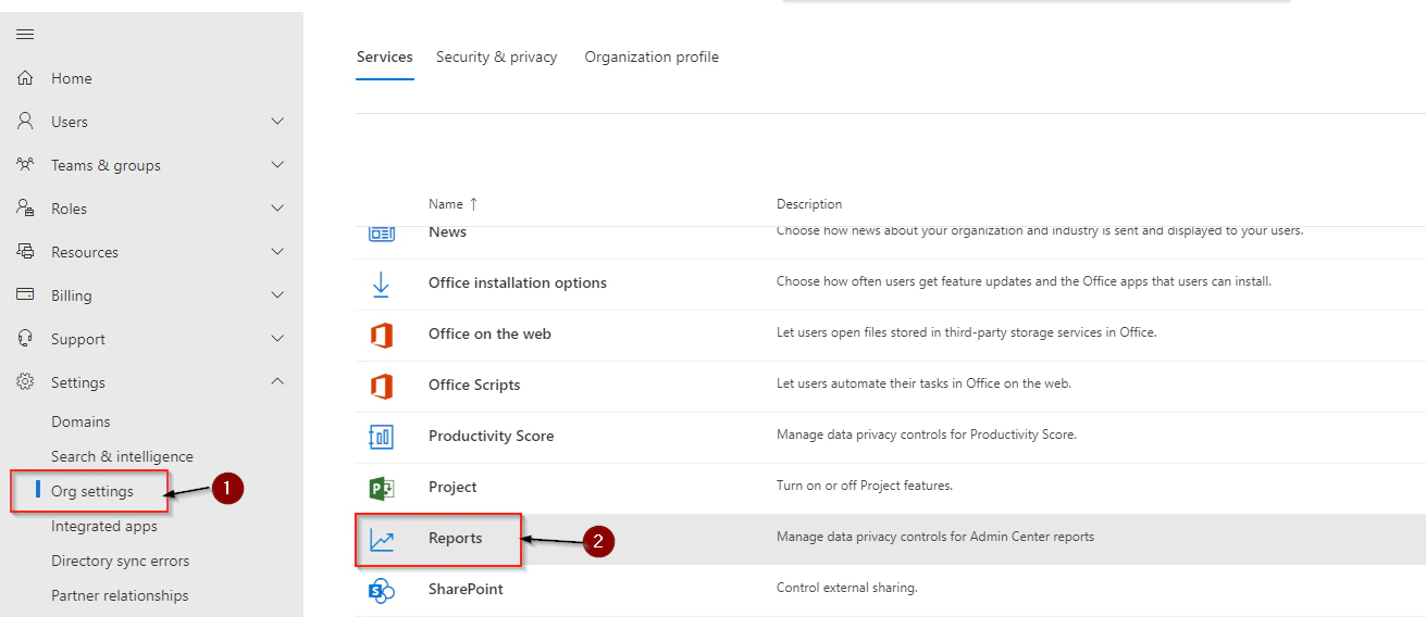 The Reports setting under Settings, Org settings, Services in the Microsoft 365 admin center