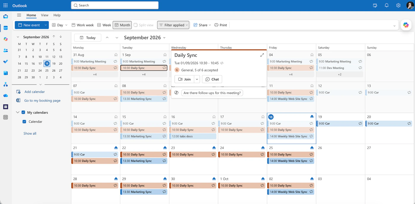 Month view of the calendar in new Outlook with recurring meetings, the My calendars pane on the left and an event card open