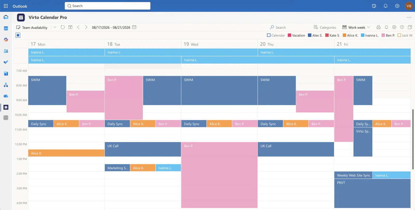 Virto Calendar App in Outlook showing a Team Availability work week with colour-coded calendars for each team member