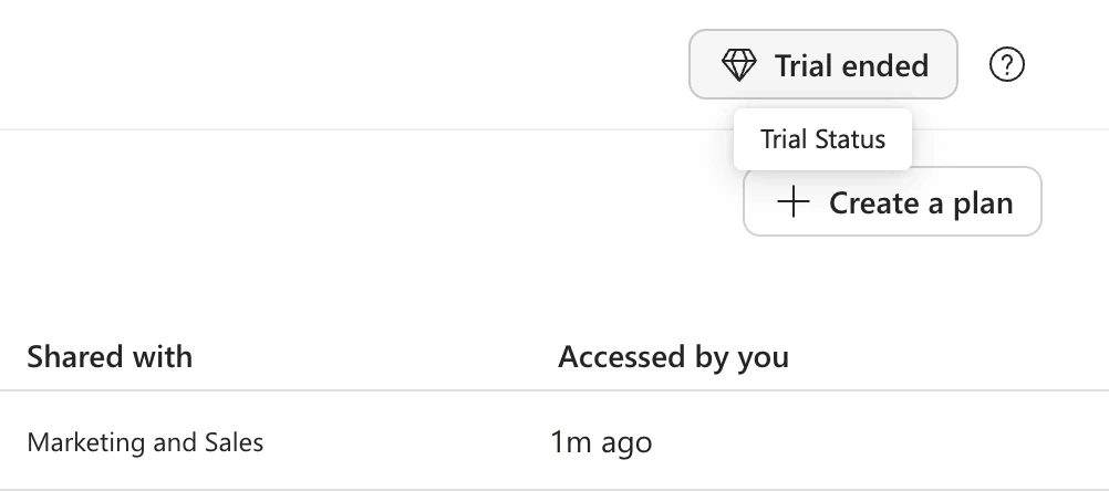 The Trial ended button with the diamond icon in the upper right corner of Planner, next to Create a plan