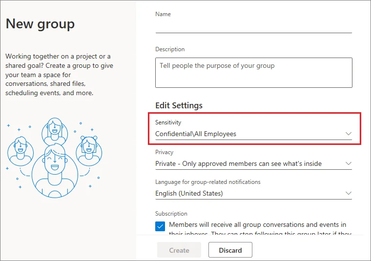 Selecting a sensitivity label when creating a new team