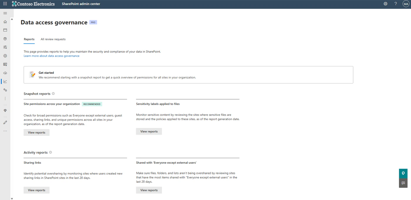 Berichte zur Datenzugriffsgovernance im SharePoint Admin Center mit Karten für Momentaufnahme- und Aktivitätsberichte