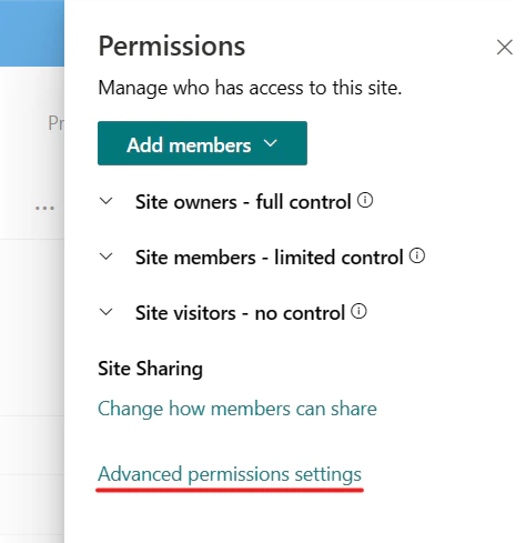 The Advanced permissions settings link at the bottom of the SharePoint site permissions panel