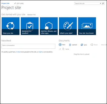 Home page of a classic SharePoint team site named Project site with the Get started tiles, a newsfeed and a documents web part