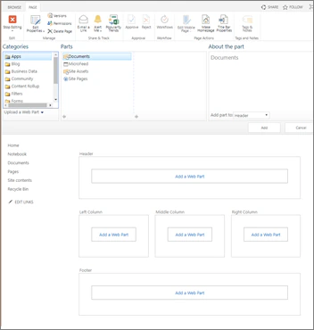 Classic web part page in edit mode with the ribbon, the web part picker and empty header, column and footer zones
