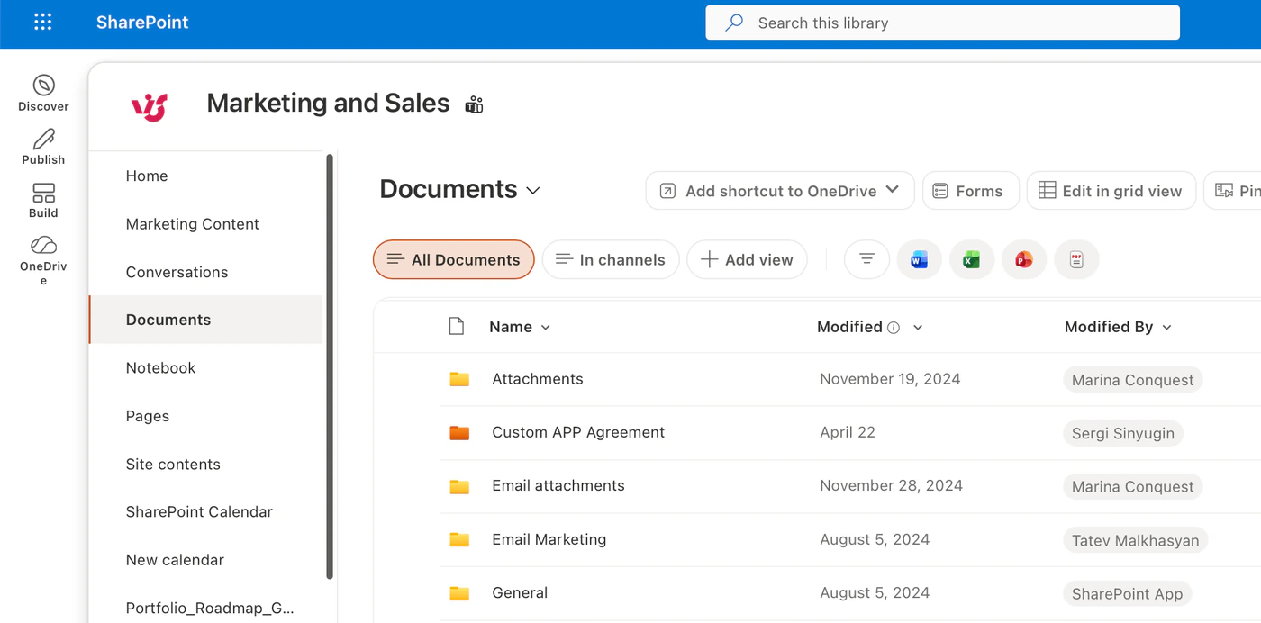 Modern SharePoint document library with a command bar, the All Documents view pill, file type filters and folders listed with modified dates