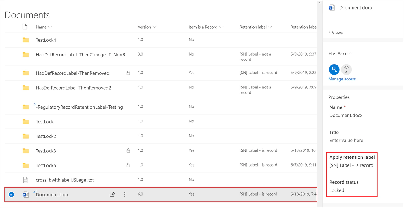 A document library with an Item is a Record column and, in the details pane, a retention label declaring the selected document a record with the record status Locked