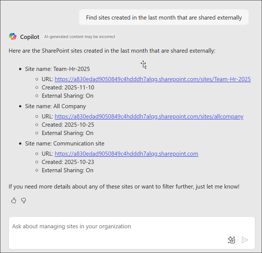 Copilot in the SharePoint admin center listing sites created in the last month that are shared externally
