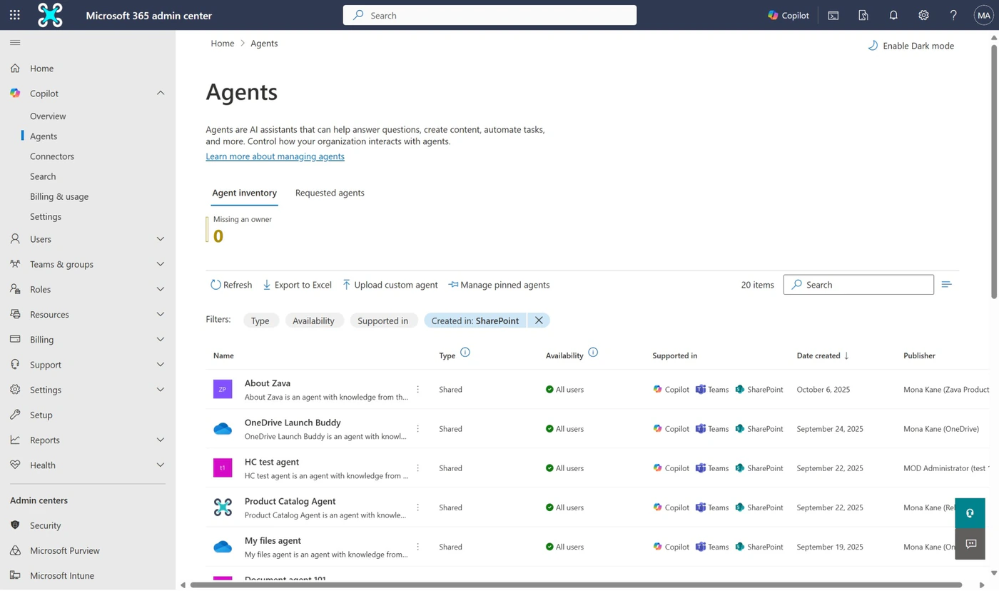 The Agents inventory in the Microsoft 365 admin center listing agents with type, availability, where they are supported and publisher
