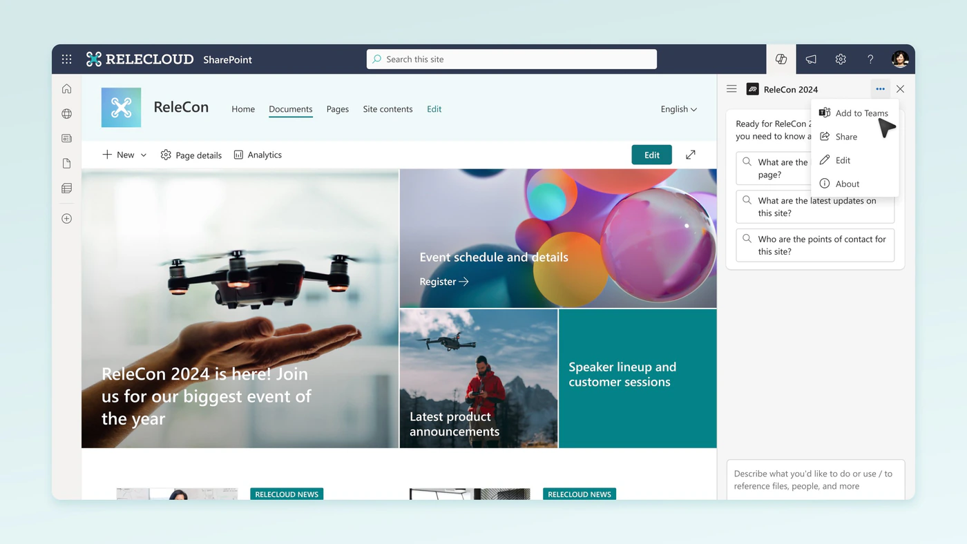 An agent open on a SharePoint site with its menu showing Add to Teams, Share, Edit and About
