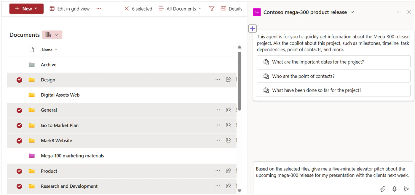 A document library with several folders selected and the Copilot pane open on the right, scoped to the selected files