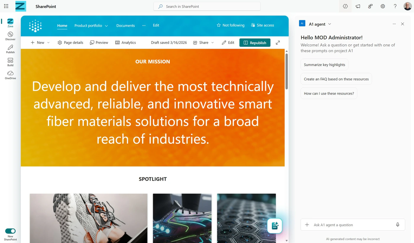The agent pane opened from a SharePoint site header, with a welcome message and suggested prompts about the site