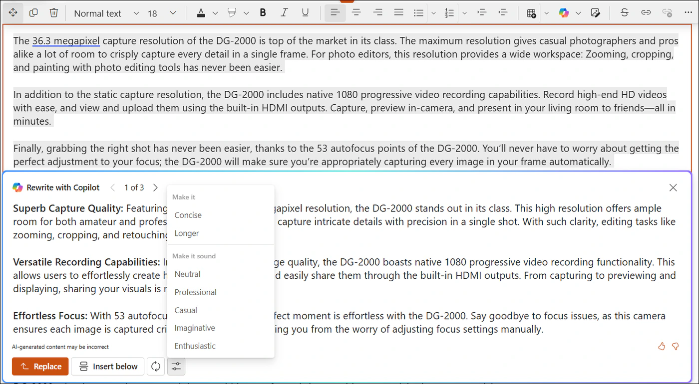 Rewrite with Copilot in the SharePoint rich text editor, with tone and length options for a selected paragraph
