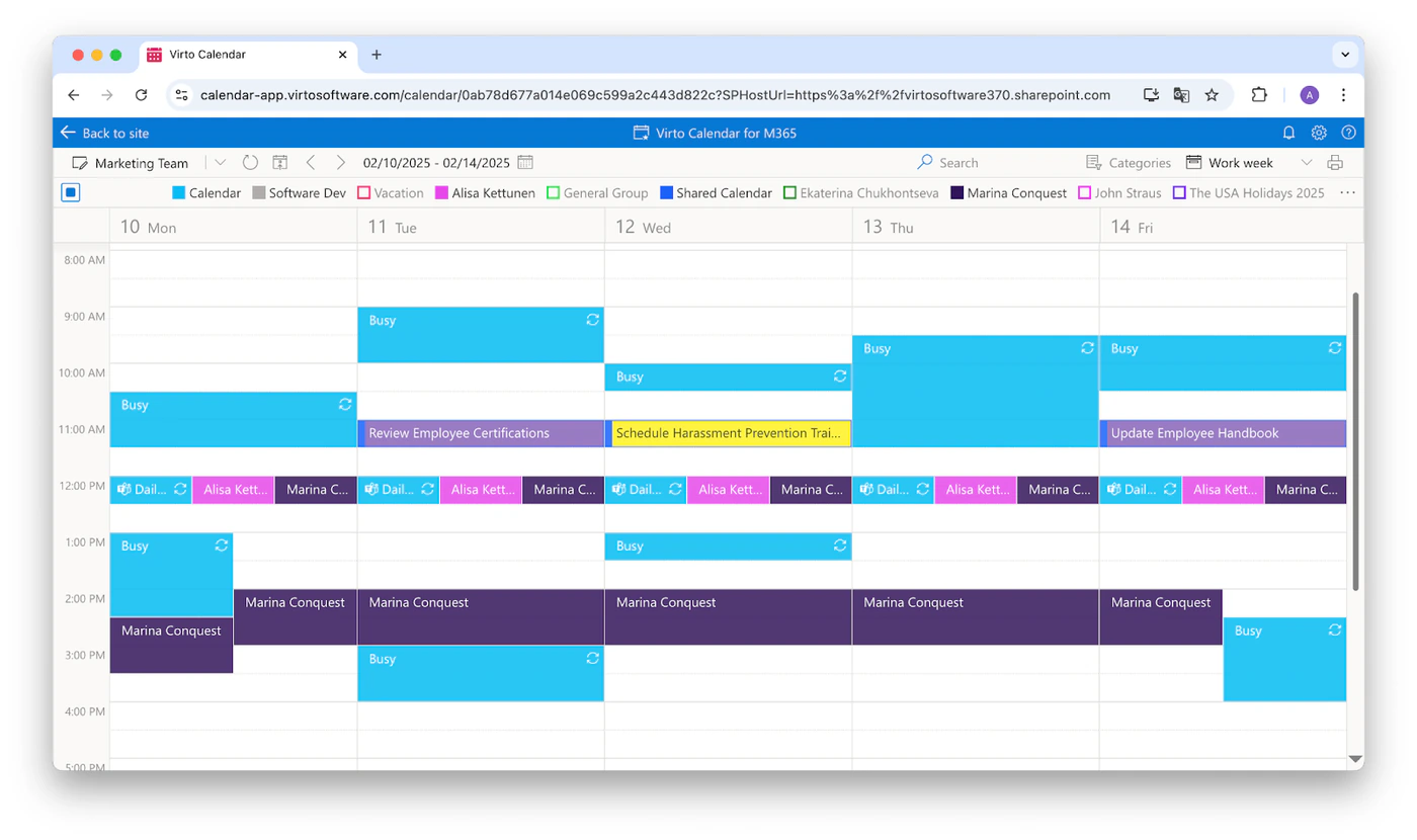 Virto Calendar App overlaying several colour-coded calendars in Microsoft 365