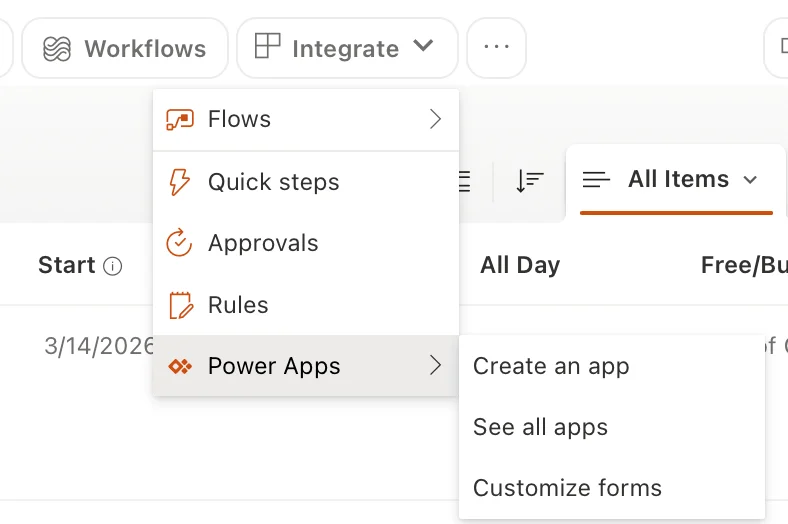 SharePoint Integrate menu showing Rules and Flows options