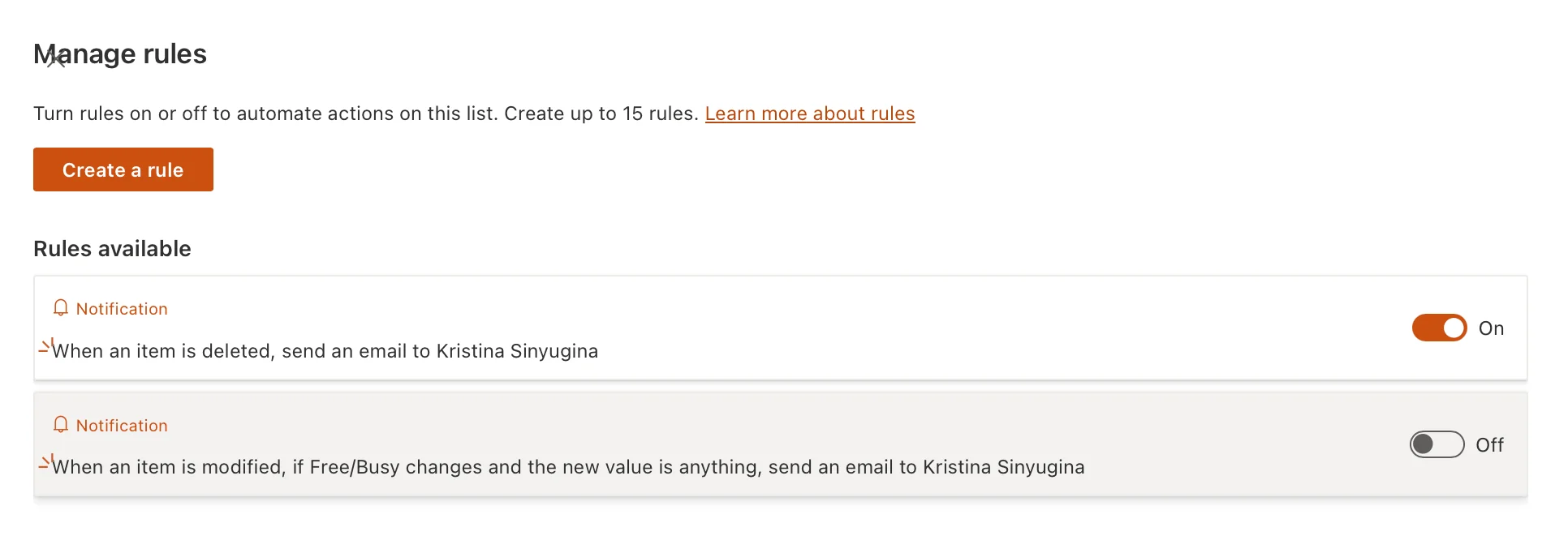SharePoint Manage rules page with On/Off toggle