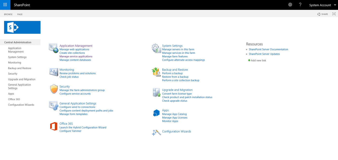 Central Administration home page of a SharePoint Server farm with the sections Application Management, System Settings, Monitoring, Backup and Restore, Security, Upgrade and Migration, General Application Settings, Apps, Office 365 and Configuration Wizards