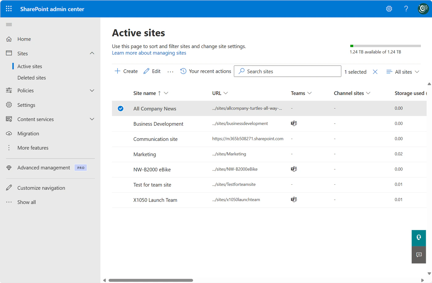 SharePoint admin center, Active sites page: the Create and Edit commands above a list of sites with their URLs, Teams connection, channel sites and storage used