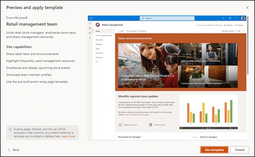 Preview and apply template window for a Microsoft site template, with site capabilities on the left and the Use template button at the bottom