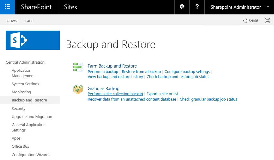 Backup and Restore in SharePoint Server Central Administration
